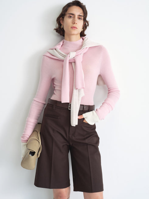 Ribbed Knit Long-Sleeve Top-Half Turtleneck